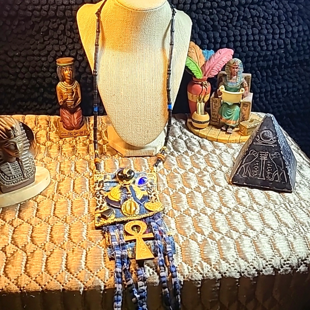 Bohemian style denim fabric Ankh necklace